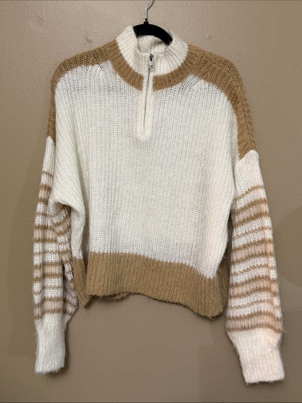 NWT French Connection Cozy Half-Zip Striped Pullover Sweater Cream & Tan - L